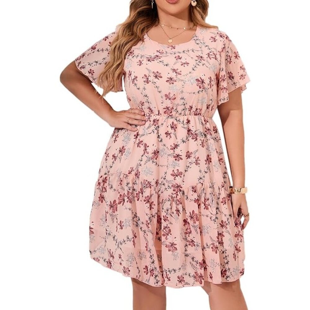 Women's 3XL Floral Boho Beach Casual Ruffle Sleeve Swing Chiffon Sundress